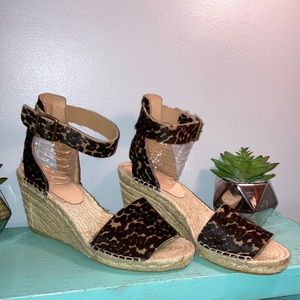 J CREW  LEOPARD PRINT CALF HAIR ESPDRILLE WEDGE ANKLE STRAP SANDALS.